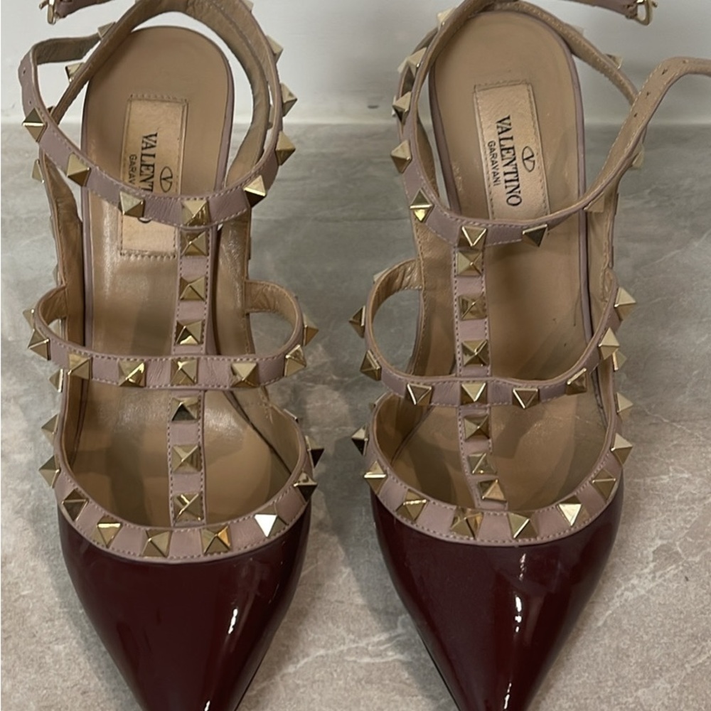 Valentino Burgundy and Gold Studded Heels